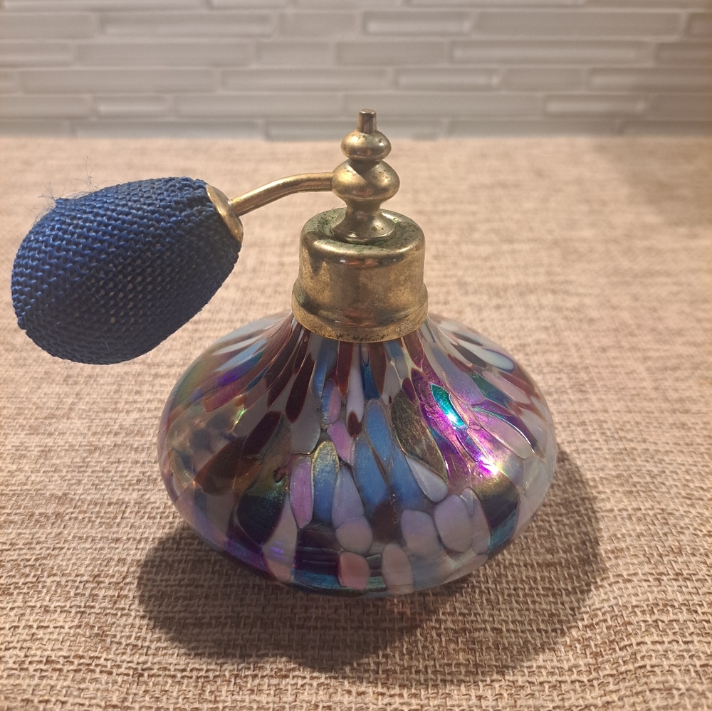 Vtg Art Glass Iridescent Perfume Bottle With Atomizer